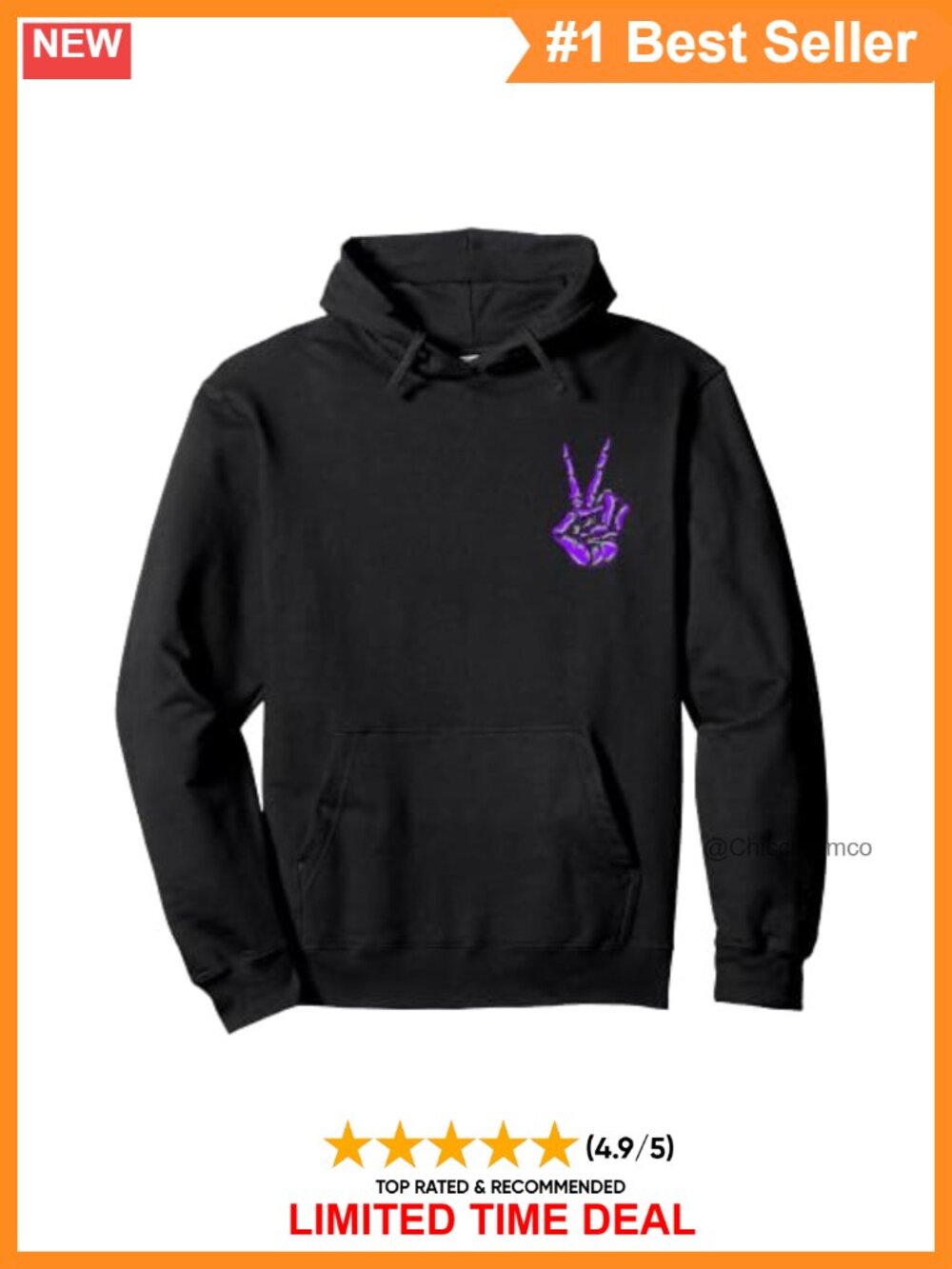 Skeleton Peace Sign Graphic Pullover Hoodie Classic Fit Twill-Taped Neck